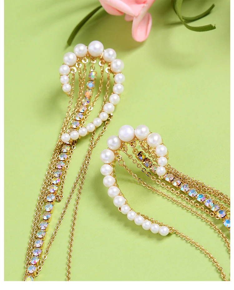 Fashion tassel chain earrings elegant dress vacation style accessories Swirl Pearl Wing Golden Earrings