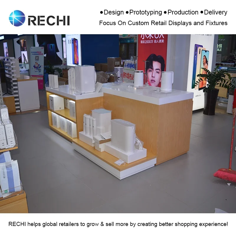 RECHI Mobile Phone Store Display Fixture Floor Standing Wooden Retail Pop-up Display Stand With Sign for Electric Car Balance