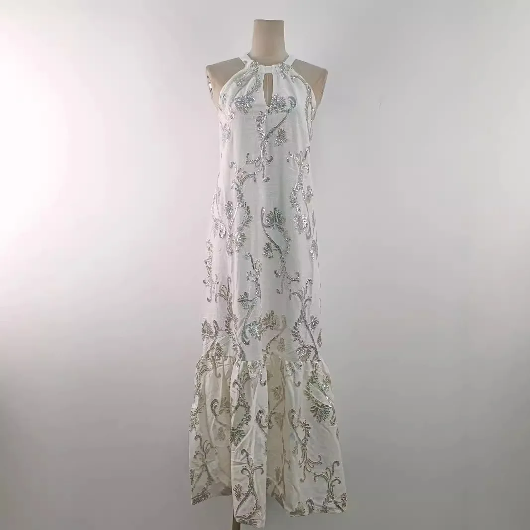 2024 Women New Fashion Elegant Holiday Wind Pearl Cutout Halter Dress New Style Small Mass Heavy White Dress