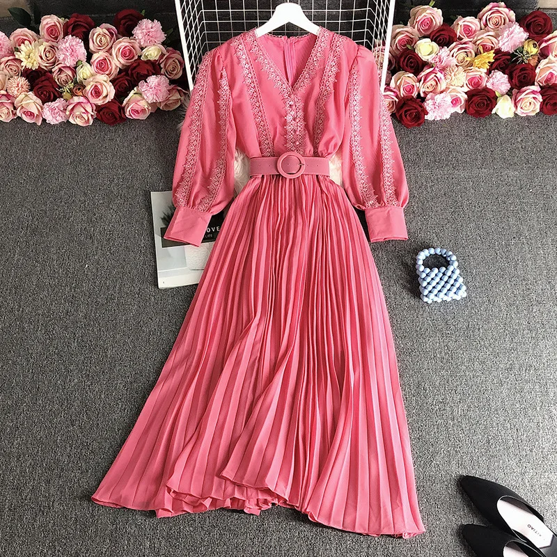 Premium Elegant Lady High-End Round Neck Waist Trimming Dress Autumn Winter New Patchwork Lace Puff Sleeve Chiffon Casual Dress