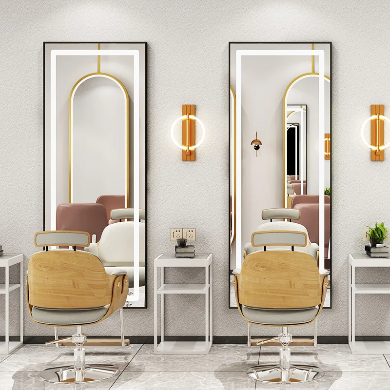 Full Length adjustable long arch Salon Mirror Station Hair Salon Furniture Barber Station Styling Gold LED Mirror With Light