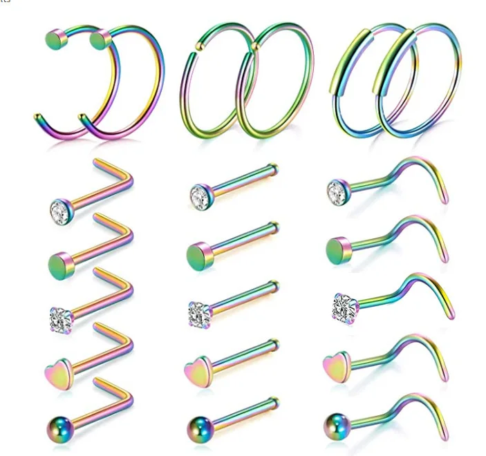 
21Pcs/Set Crystal Nose Hoop Rings Bone Bar Pin Cartilage Piercings Studs Piercing Jewelry Nose Ring Set nose ring clip on 