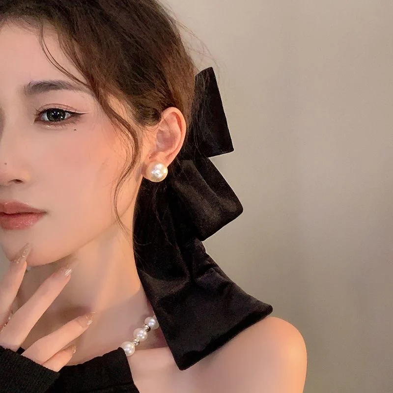 MIO Large velvet hair spring clip big bowtie sweet for lady red velvet bowknot women long tassel ribbon hairpins handmade