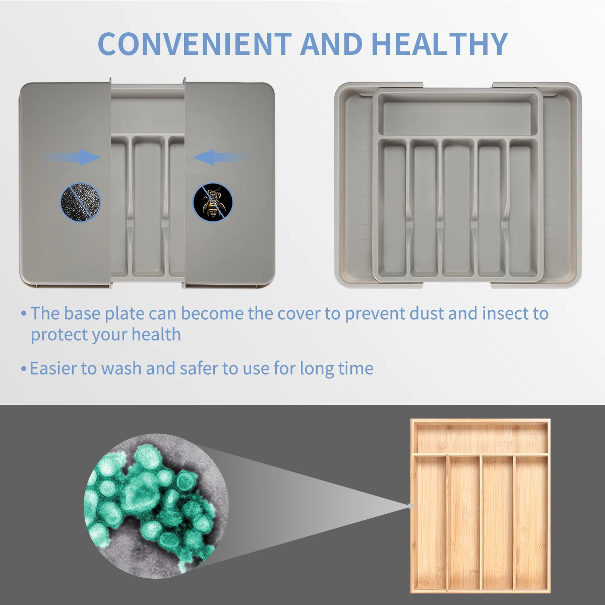 Kitchen Grey PP Material Organizer Tray For Cutlery Drawer Silverware Storage Cutlery Tray Expandable Cutlery Organizer