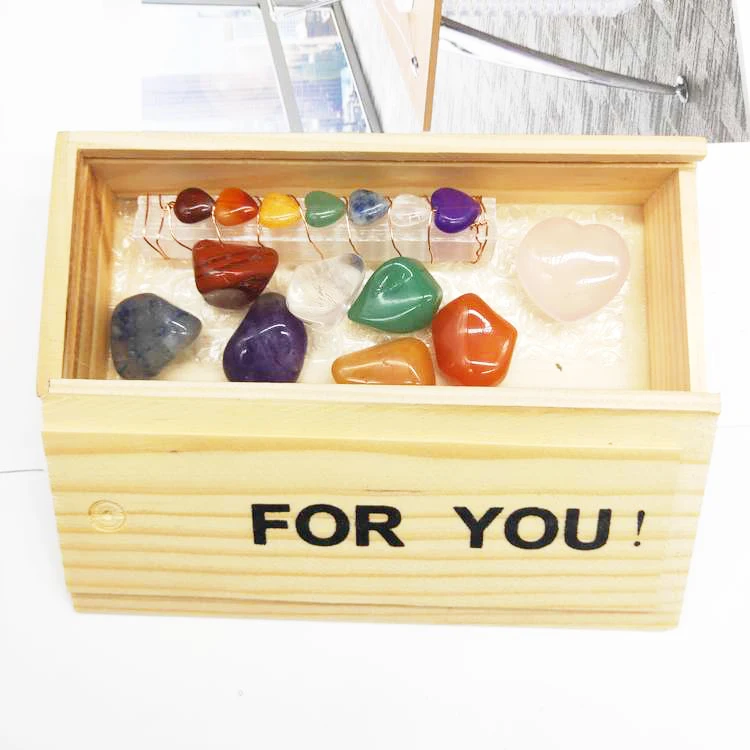 
Bulk Gemstone Gift Kit Seven Reiki Healing Engraved Crystal 7 Chakra Tumble Stone Set With Wooden Box 