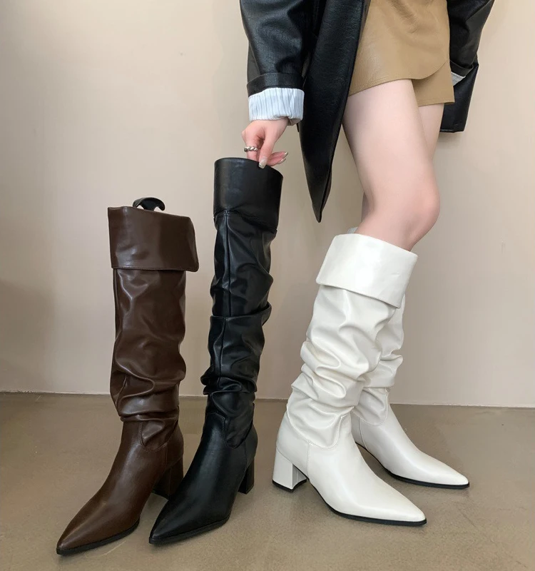 Slim Wrinkled Stacked Boots with Thick Heels Pointed Toe Large Circumference High Autumn and Winter 2023 Women