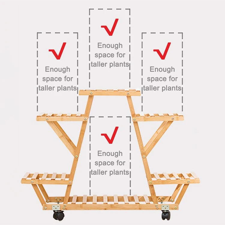 Movable 4 tier sturdy outdoor garden decor natural bamboo flower plant pot stand with wheels, flower pot shelf rack