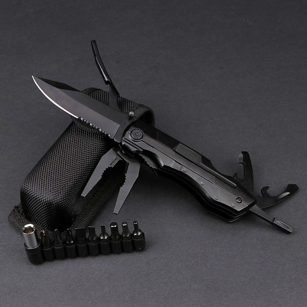 7In1 Multi Camping Tool Survival Kit Outdoor Tactical Army Camping Bbq Premium Black Folding  Knife With Sheath & Gift Box