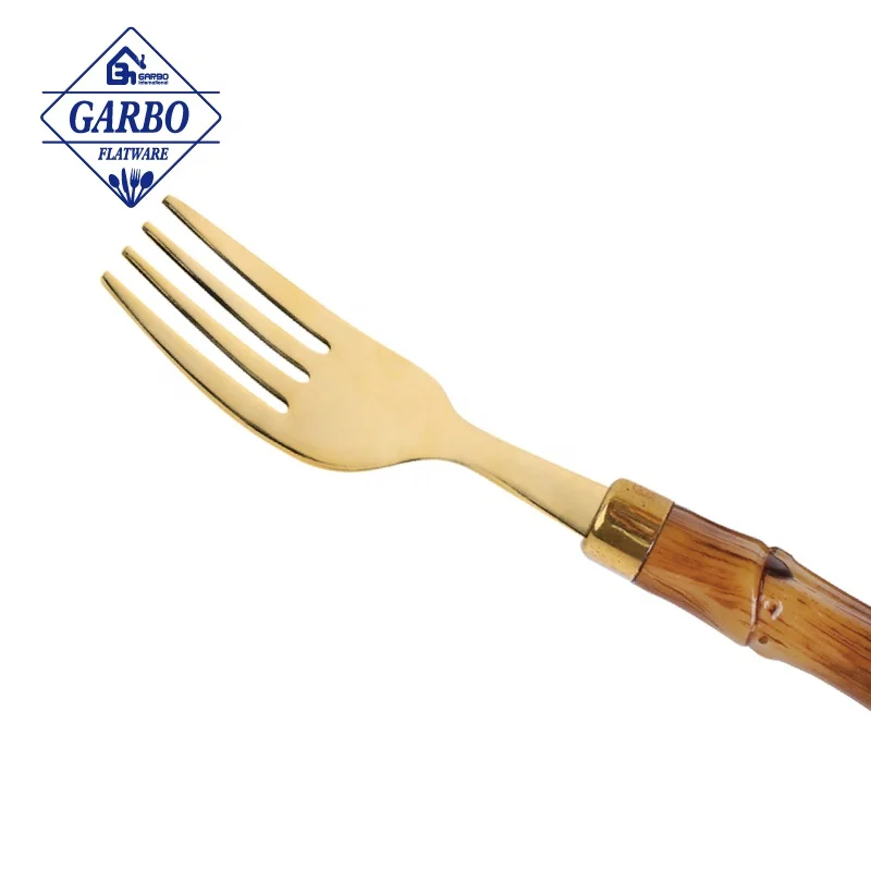 Bulk custom best selling dark bamboo plastic handle gold plated cutlery set 24 stainless steel flatware with divided wooden box