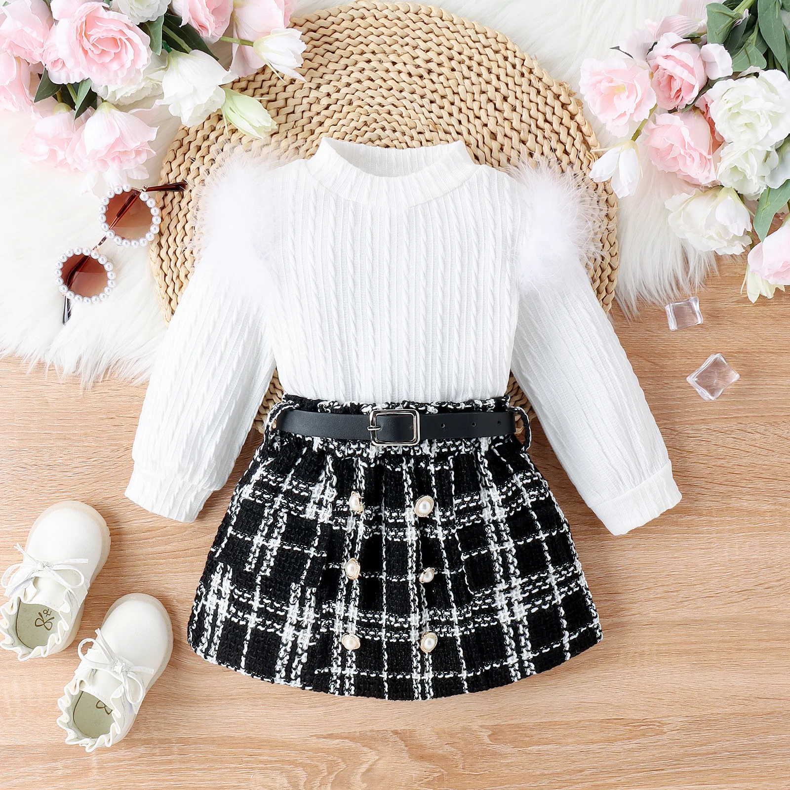 2023 Autumn Winter Fashion Baby Girls Clothes Long Sleeve Fur Knitted Sweater Plaid Woolen Skirt Two Piece Kids Clothing Sets
