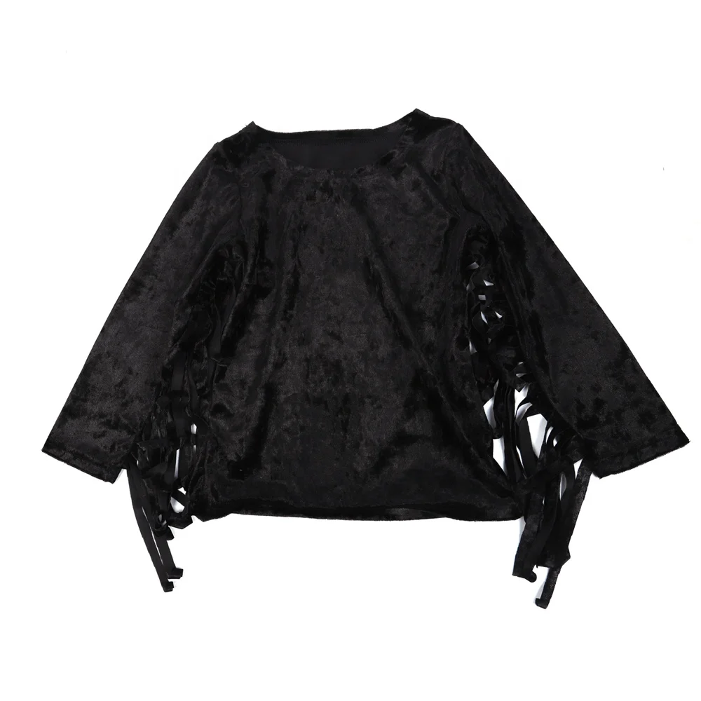 Wholesale  Children Girls Casual  A-line  Crew Neck Ribbed Knit Fashion Tassel Sleeve Pullover Blouses Top