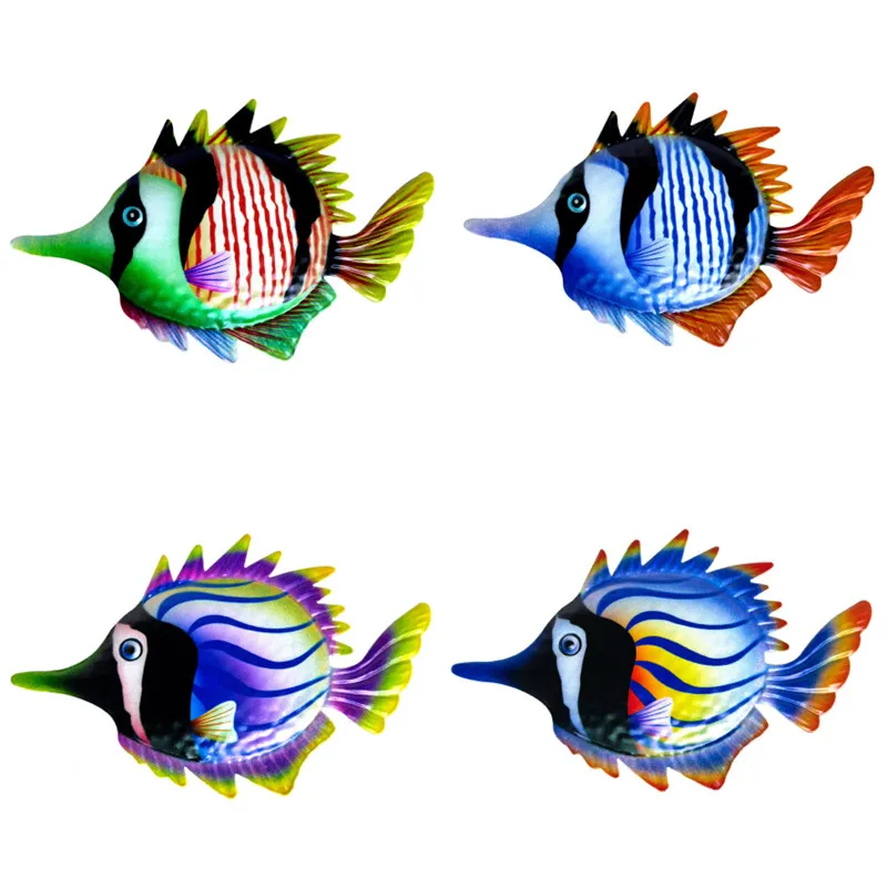 Metal Fish Art Wall Decor Coastal Ocean Sea Hanging Decorations Garden Pool Decor Set of 4 Colorful
