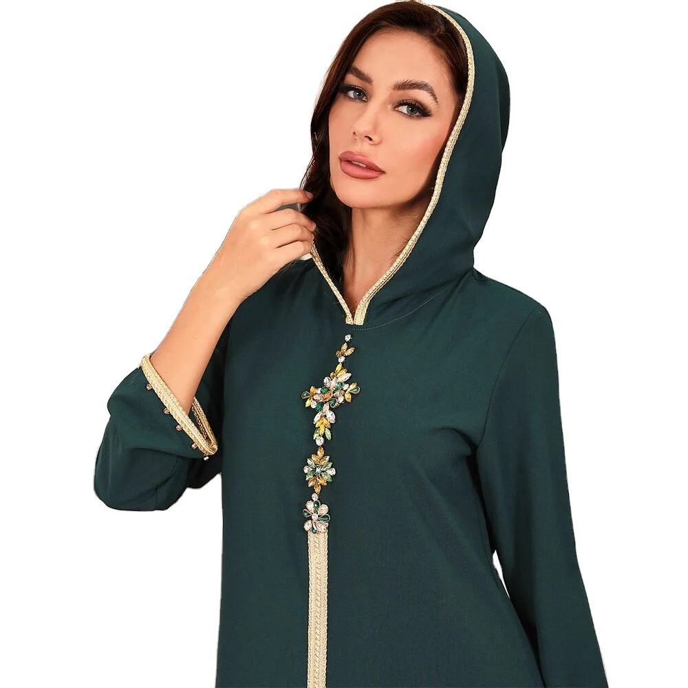 J&H  2022 Luxurious Dubai Abaya Djellaba Moroccan Kaftan Women Long Sleeve Hoodie Maxi Dress Robes Islamic Clothing