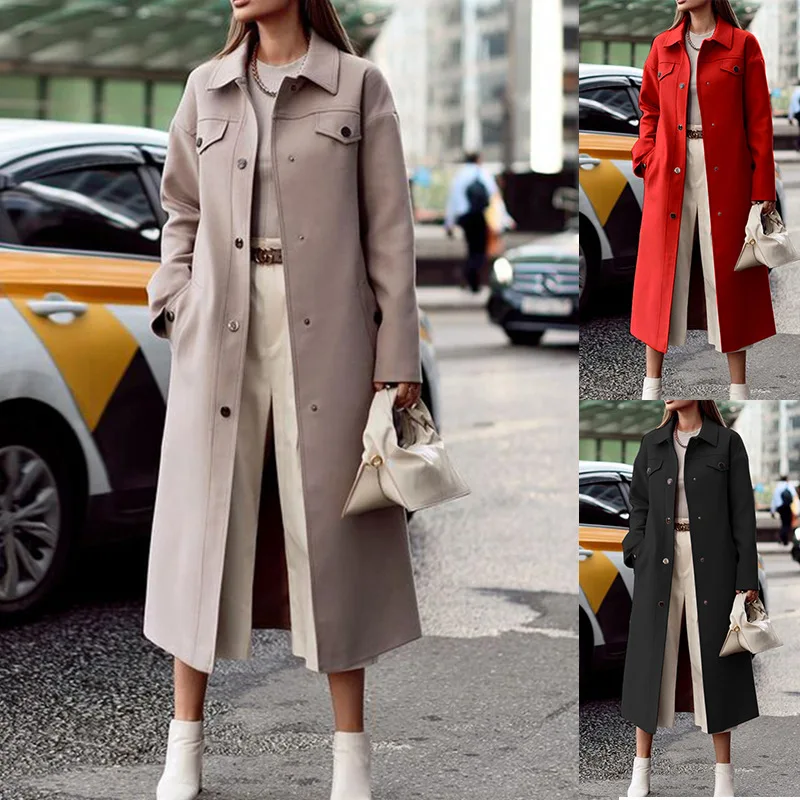 2022 fall elegance office long coats single-breasted lapel casual mid-length women woolen trench coat