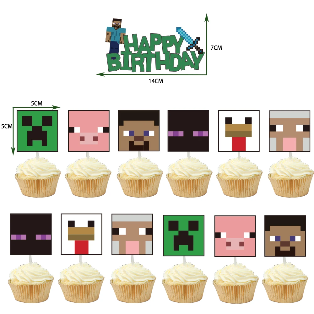 Hot Sale Minecraft birthday party decoration My world themed paper Cupcake Toppers pixel game Cake Topper Party Supplies