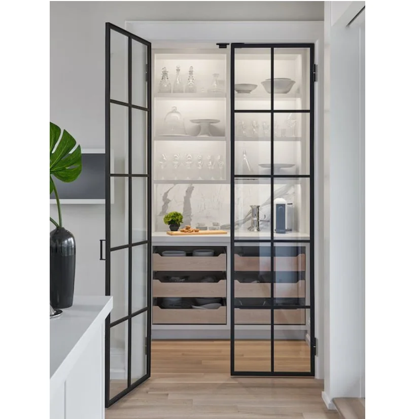 New design custom black metal frame glass window and door double glass steel aluminium frame door design