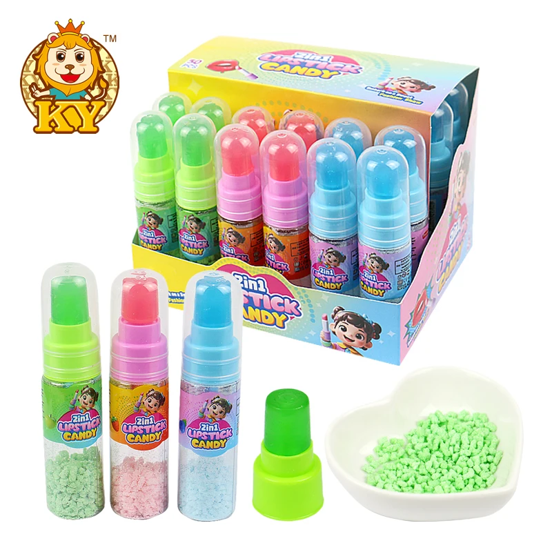 wholesale fruit flavor lipstick hard candy lollipop with sour mini candy ball