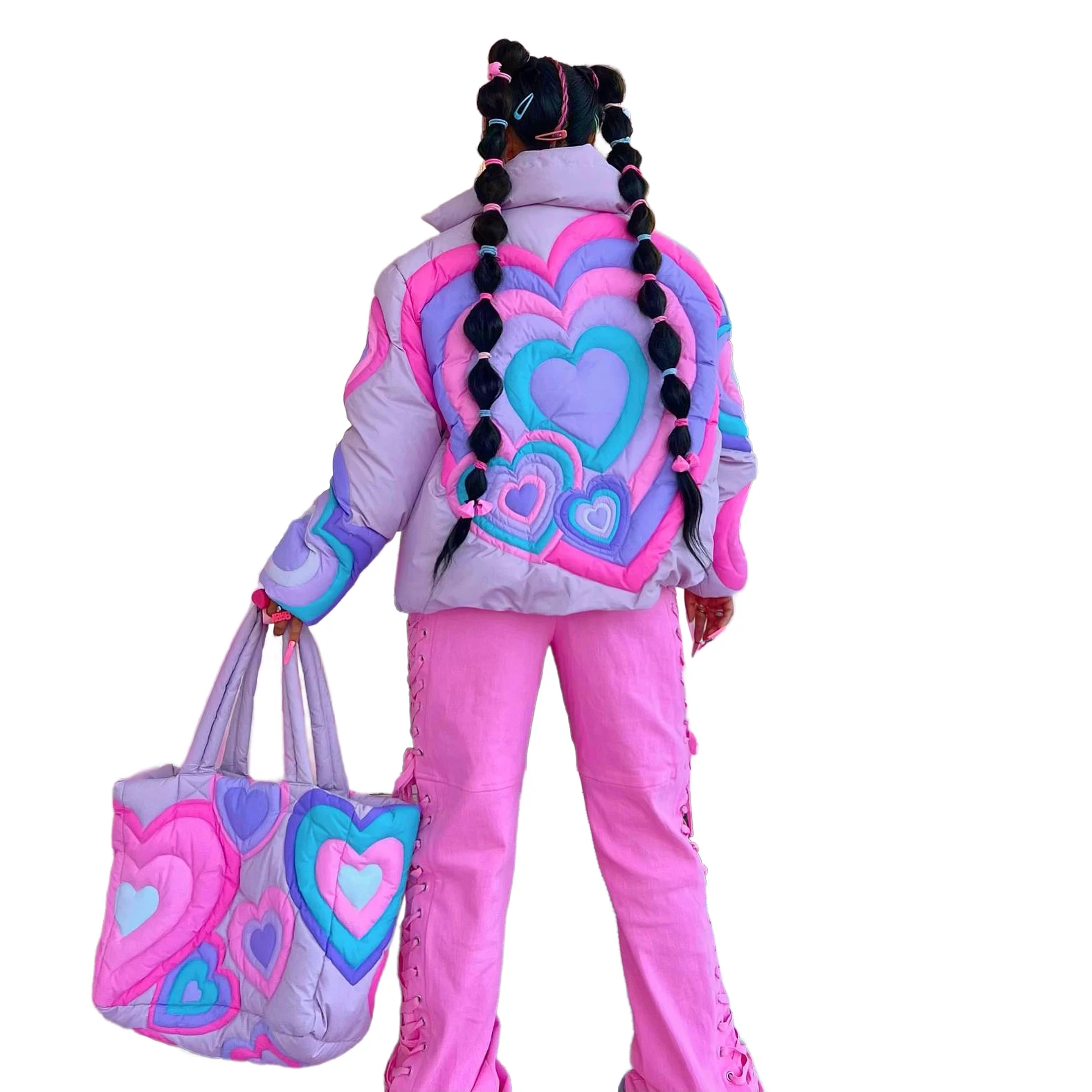 Winter fashion casual heart print women loose bubble jacket padded jacket puffer jacket
