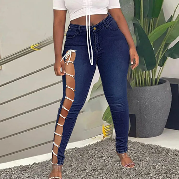2021 Women Sexy Popular High Waist Bandage Pierced Design Plus Size Patchwork Denim Pants & Jeans