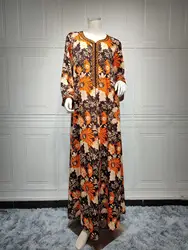 Middle East Eid Muslim Floral Print Jalabiya Arabian Abaya Maxi Dresses Dubai Long Sleeve Moroccan Caftan