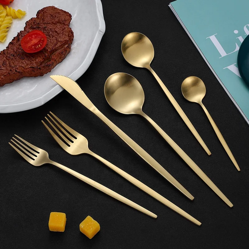 Matte Portuguese cutlery set gold high value hotel restaurant steak stainless steel cutlery spoon