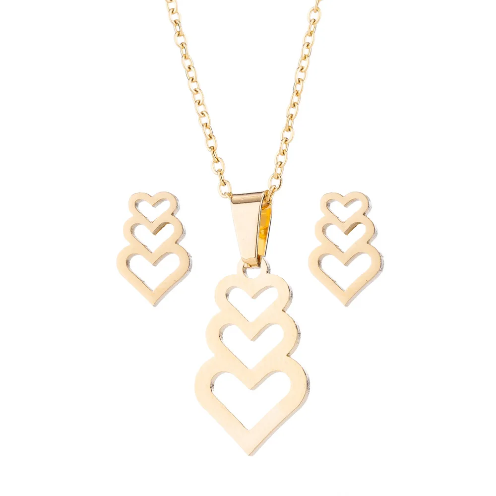 New Fashion Trend Heart-to-Heart Set Necklace Stainless Steel Heart-shaped Necklace Earrings Three-piece Jewelry Set