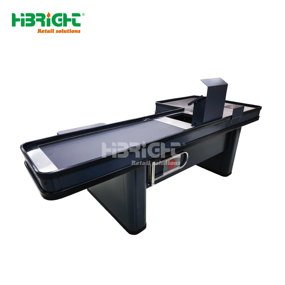 Supermarket Motorized Electrical L2800mm Checkout Counter with Conveyor Belt Cashier Desk