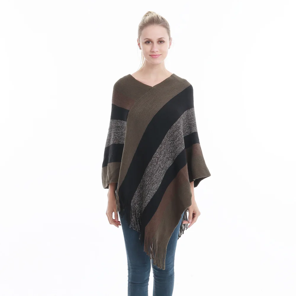 Autumn Fashionable Knitted Stripe Print Loose Pullover Irregular Tassels Cloak Tops T Shirts For Women
