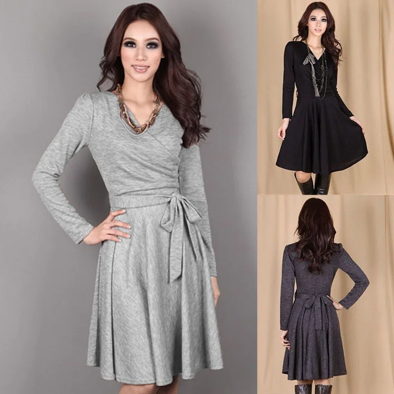 European American Style Hot Cross-Swing Knitted Dress with Long Sleeves Elegant Cotton Empire Waistline Washable Solid Pattern