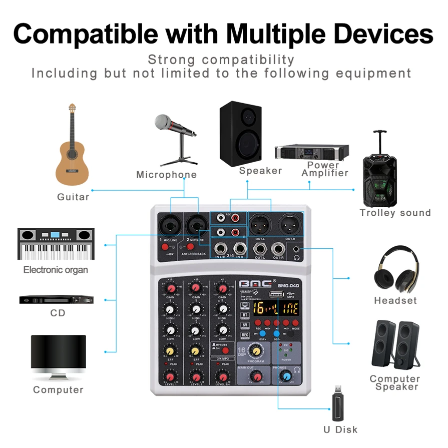 Wholesale Cheap Price 4 Channel Mini Mixer Audio Mixer with USB for Home Studio Recording