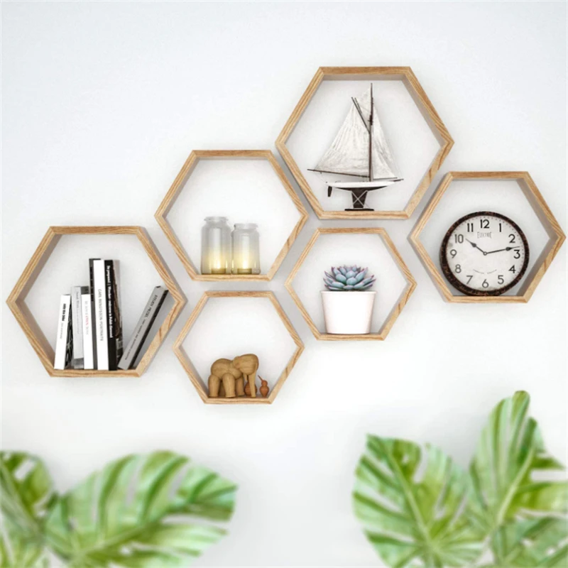 Wholesale Hot Sale High Quality Hexagon Floating Wall Shelves Wooden Wall Mounted Shelves