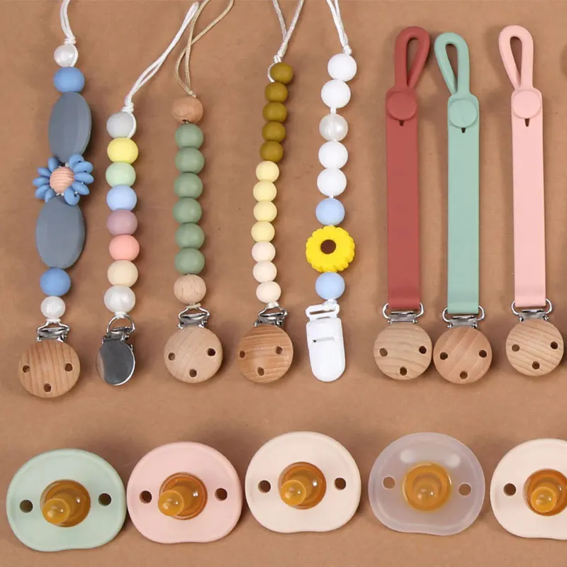 Custom Food Grade Bpa Free Dummy Nipple Silicon Beech Wooden Case Strap Baby Teether Clip Silicone Pacifier Chain Holder Clips