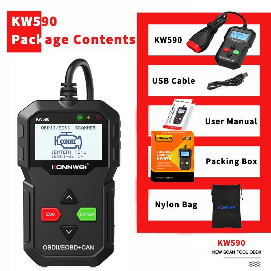Автомобильный диагностический сканер KONNWEI KW590 для 12 В OBD2 OBDII EOBD-транспортных средств с