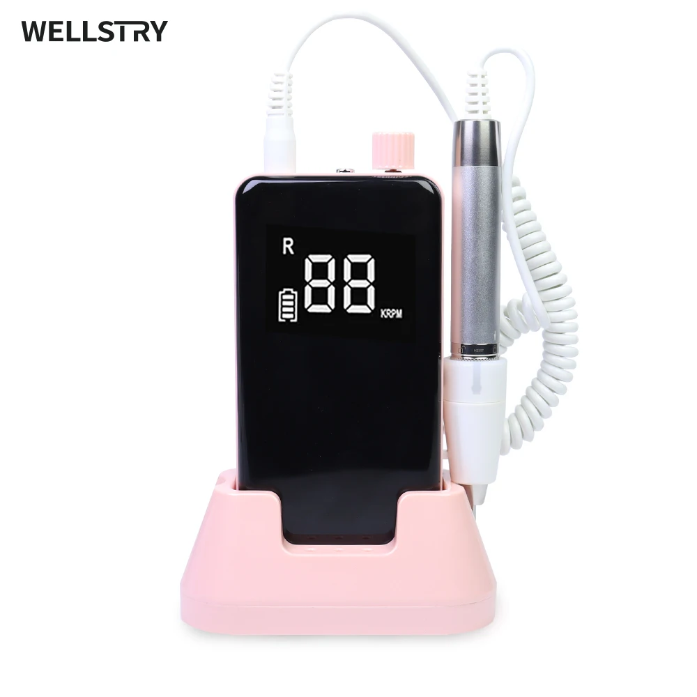 WELLSTRY Esmeril Para Unas Manicure Machine Professional Portable Wireless E-file Rechargeable Brushless 40000rpm Nail Drill