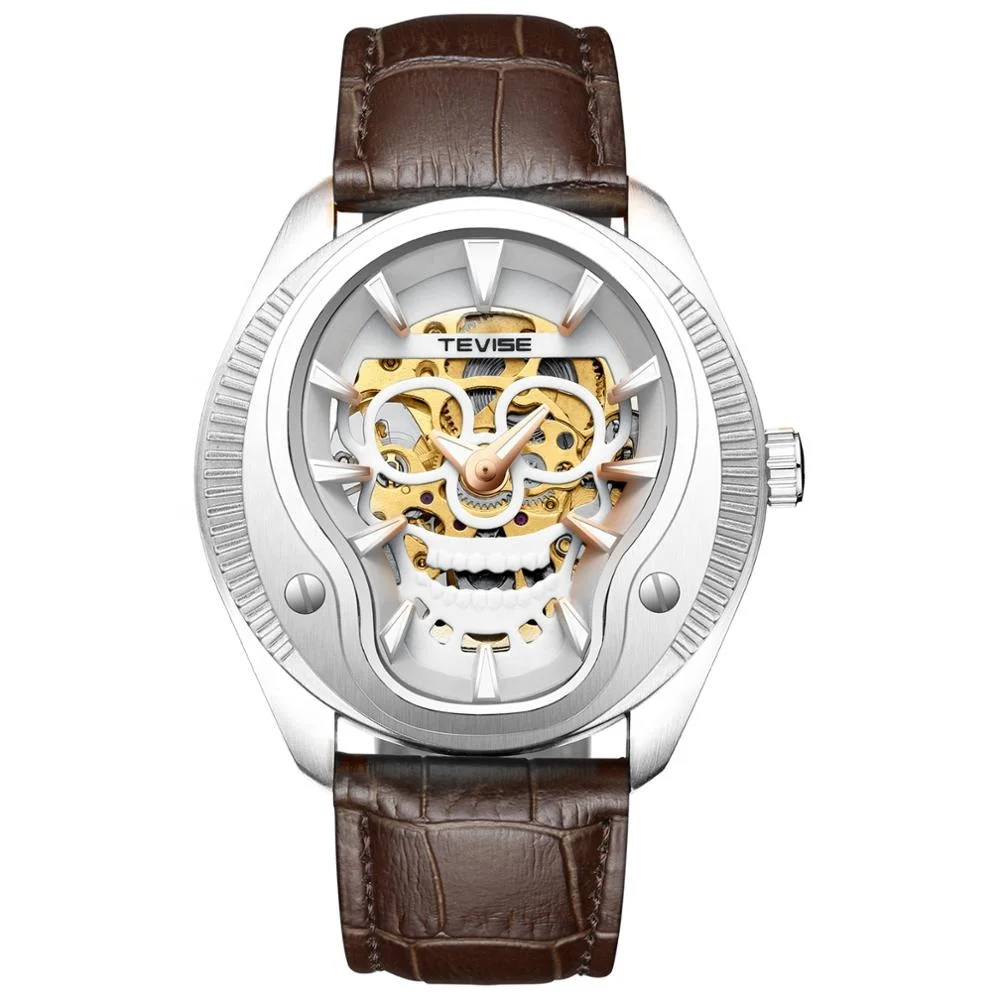 2019 fashion skeleton watch green skull luminous stainless steel leather band young men