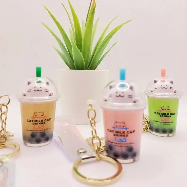 Cute Novelty Style Liquid Meow Boba Tapioca Black Pearl Milk Bubble Tea Mini Cup Drink Kawaii Cat Charm Quicksand Keychain