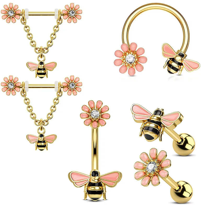 NUORO Cute 316L Stainless Steel Bee Pink Flower Cartilage Earrings CZ Septum Daith Hoop Tragus Helix Nipple Bee Piercing Jewelry
