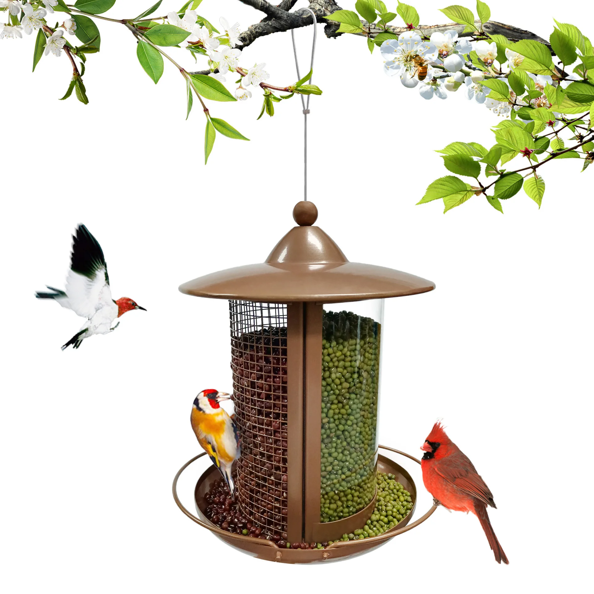 Large Capacity Bird Feeder Hanging Metal Mesh with Copper Holder Wild Outdoor Garden Backyard Plastic Tube Hopper Feeders
