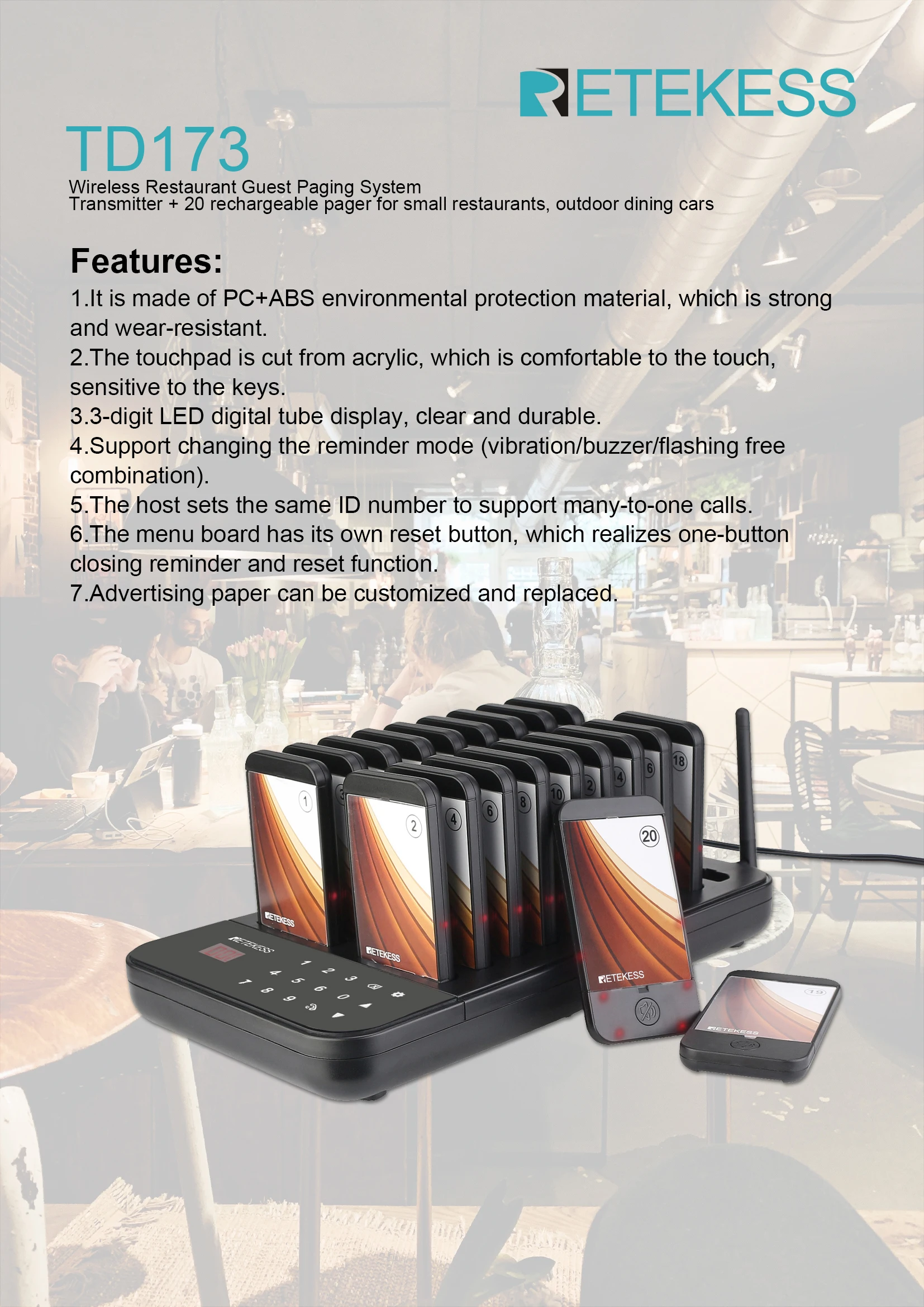 Factory Direct Outlet Wireless Restaurant Guest pager system 20 rechargeable Vibration Buzzer Flashing pagers Retekess TD173