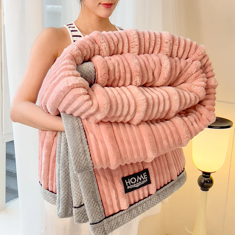 Ultra-Soft Striped Plush Faux Rabbit Fur Throw Blanket Luxurious, Warm, and Thick Polyester Winter Blanket For Sofa Couch Bed