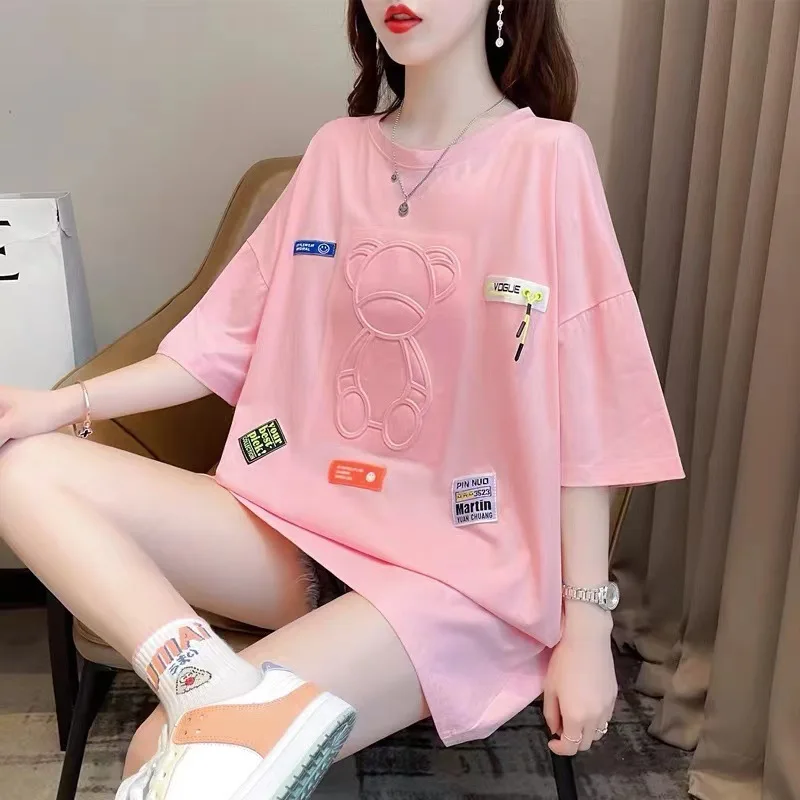 Casual Pure Cotton T-shirt Design, Short Sleeved Loose Large Size Women Long Printed T-shirt Knitted Short Shirts for Women