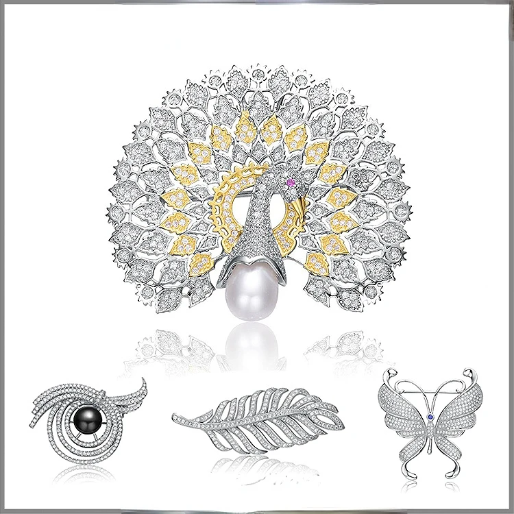 925 Silver Jewelry Peacock Brooch Micro Pave Butterfly 925 Sterling Silver Brooches