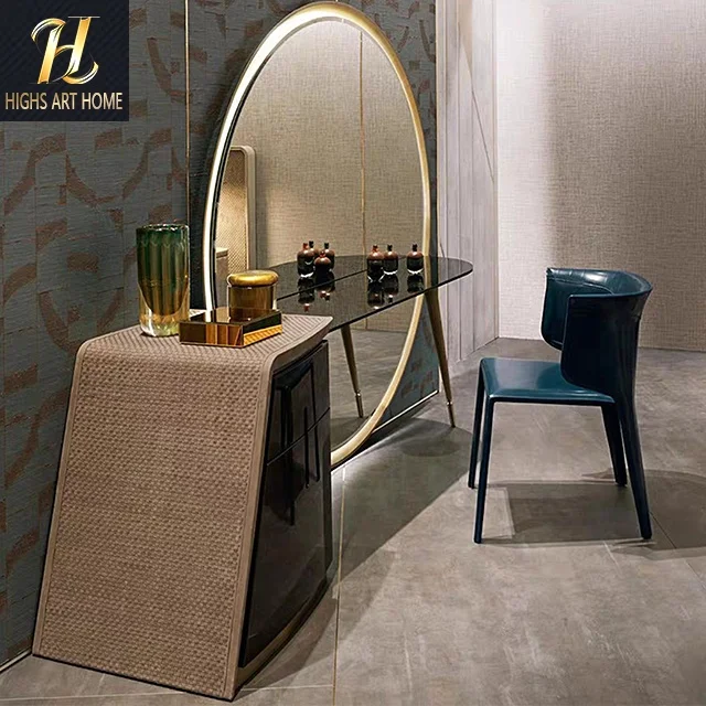 Italian Light Luxury Large Round Mirror Dresser Home Bedroom Post Modern Simple Solid Wood Makeup Table