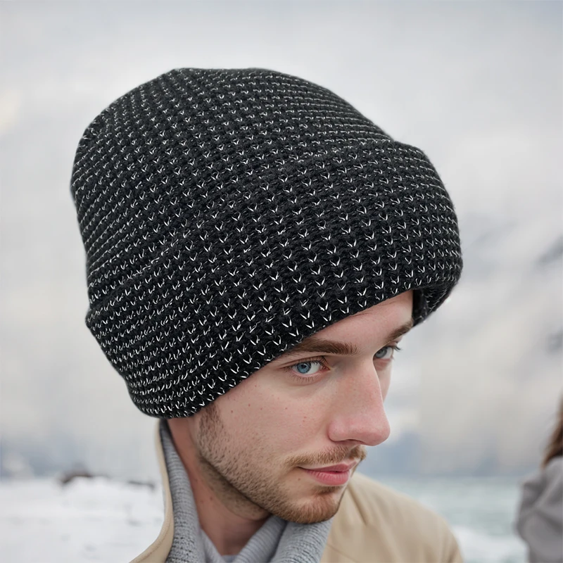 High Visibility Reflective Knit Beanie Custom Winter Hats for Night Running & Walking Black Loop Knitted Hip Hop Hat Wholesale