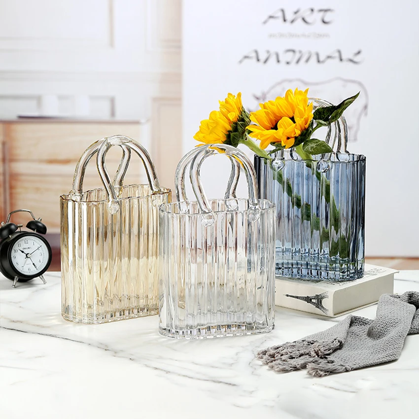 Vase Modern Creative Flower Home Decoration Handbag Purse Bule Table Living Room Glass Vase With Handle