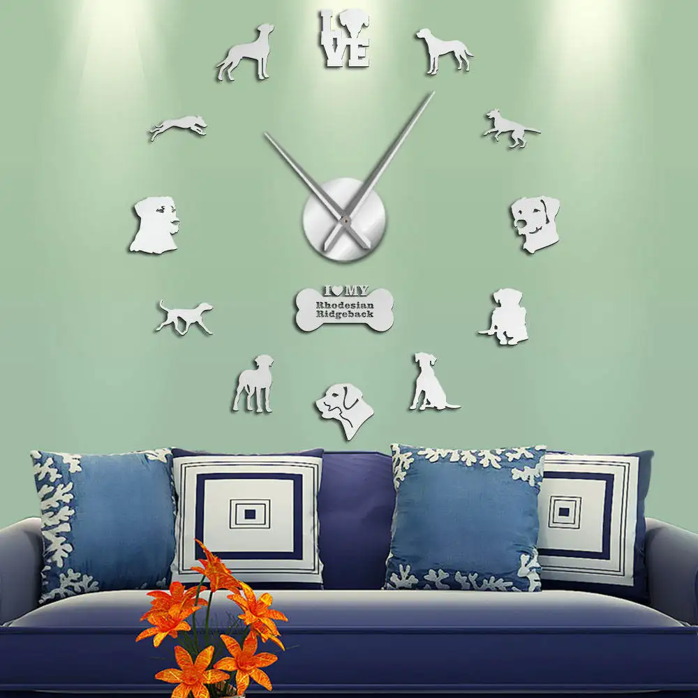 Rhodesian Ridgeback Large DIY Frameless Wall Clock With Wall Art Stickers Lion Dog Pet Home Decor African Lion Hound Giant Watch