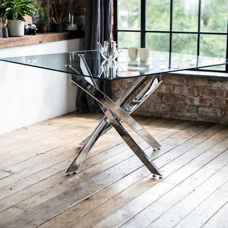 Dining Room Furniture Square Tempered Glass Stainless Steel Leg Dining Table