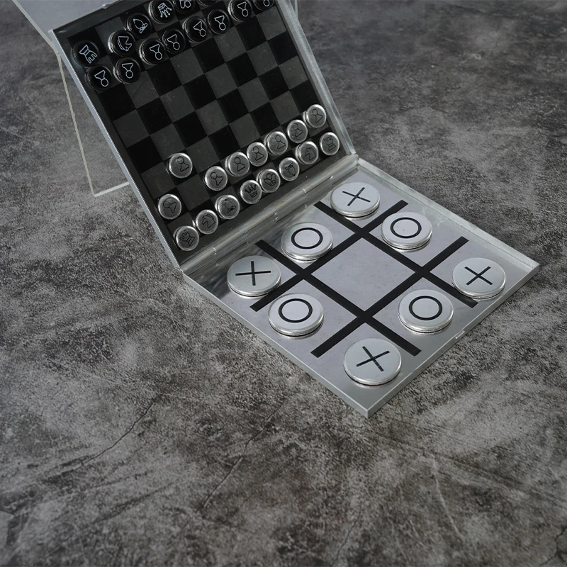 New 2 in 1 magnetic mini metal tic tac toe and chess board aluminum chess set tic tac toe