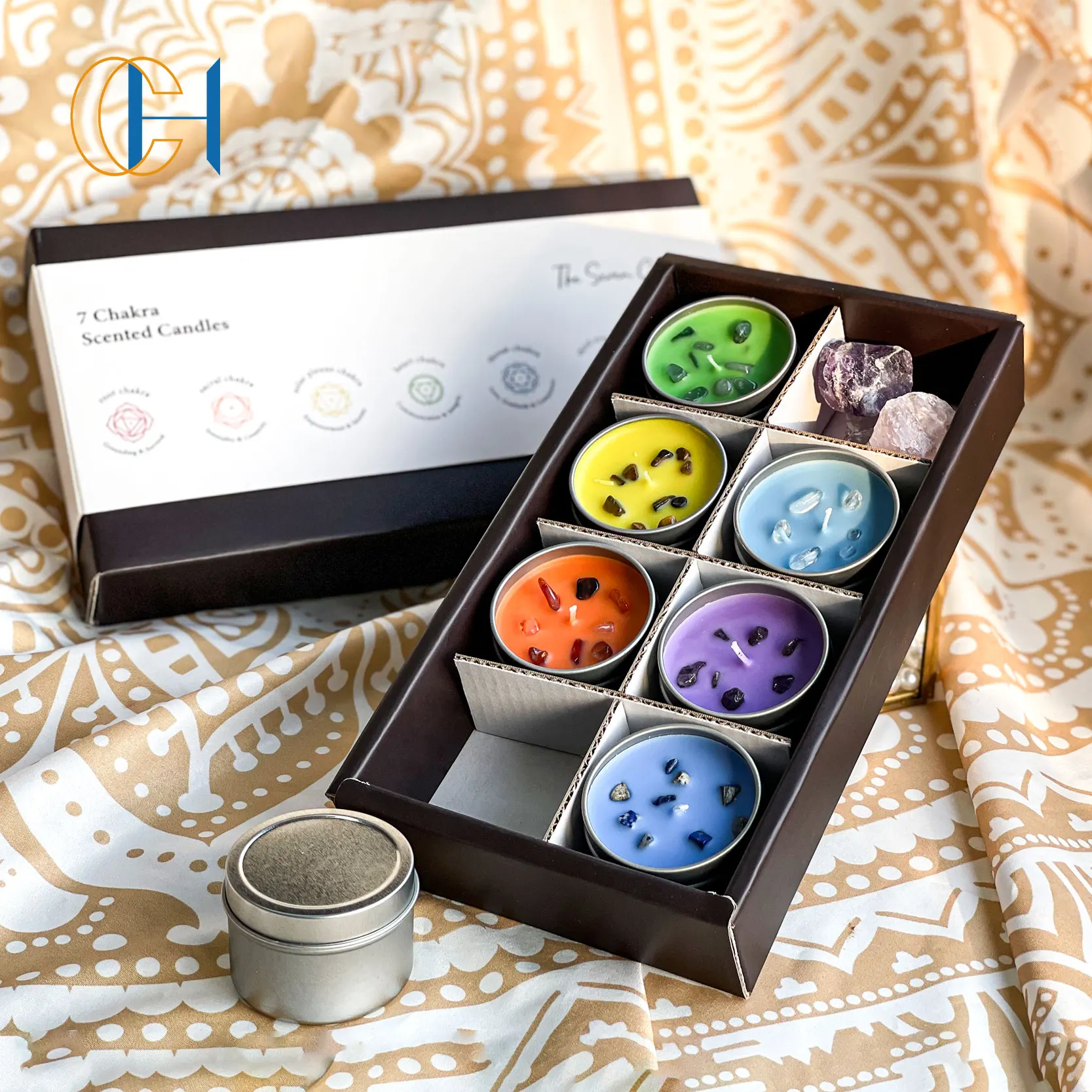 C&H Spiritual Product Set Iridescent Soy Wax Crystals Healing Stones Manifestation 7 Chakra Tea Candle sets