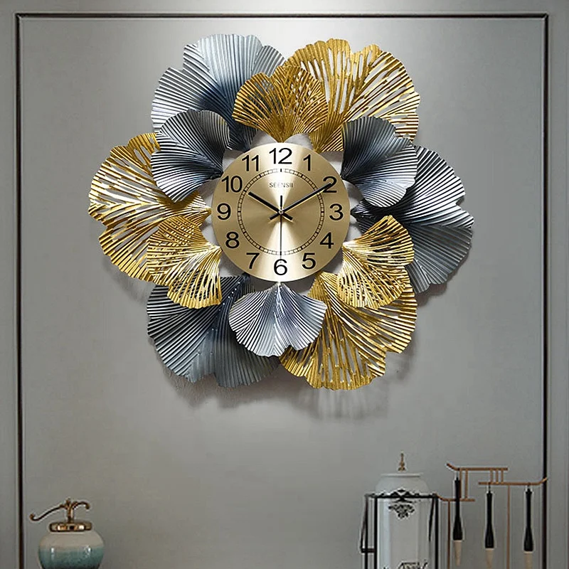 3D Handmade 80cm Metal Ginkgo Luxury Wall Clock for Home Decoration Reloj De Pared